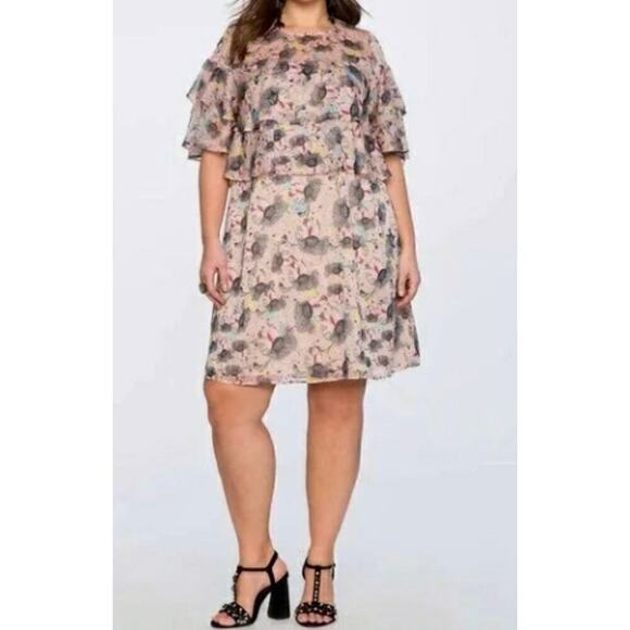 ELOQUII Layered Ruffle Crepe Pink Floral Print Short Sleeved Shift Dress Sz. 20 - Picture 4 of 16
